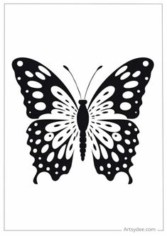 a black and white butterfly with dots on it's wings, in the shape of a