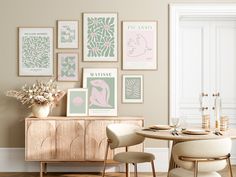 a dining room with art on the wall