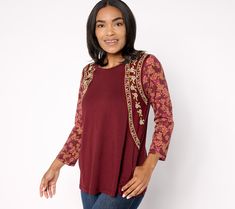 Jazz up your everyday attire with this mixed print top. The intricate embroidered detail and patterned sleeves are a bold mix that adds texture and dimension to this chic piece. Pair it with jeans and sneakers for a day trip to the city. From LOGO by Lori Goldstein®. Multicolor Embroidered Tops With 3/4 Sleeve, Mixing Prints, Print Tops, Top Blouse, Tops & Tees, ? Logo