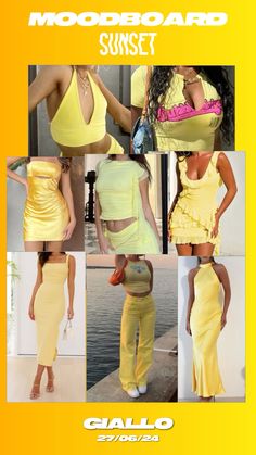 the model is wearing yellow clothing and posing in different poses with her hands on her hips