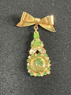 Mid century czech brass lucky clover reverse carved cabochon drop pendant fob Brooch green Glass