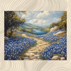 a painting of blue flowers in the foreground and a path leading to a body of water