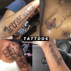 four different tattoos are shown with the words tattooed on their arm and chest, behind them is an image of a woman's torso