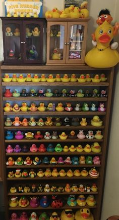 there are many rubber ducks on the shelves