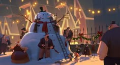 a group of people standing around a snowman in the middle of a christmas scene