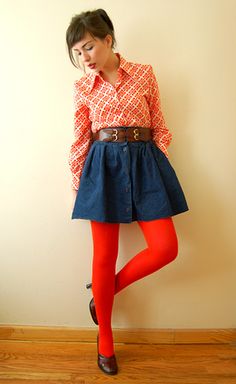 Colorful Tights Outfit Aesthetic, Funky Tights Outfits Aesthetic, Retro Thigh-high Fitted Tights, 60s Colorful Tights, Casual Full-length Red Tights, Orange Tights, 60s Vintage Fashion, Keiko Lynn