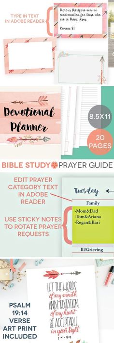 several different types of paper with the words bible study and prayer guide on top of them