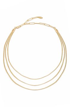 A trio of delicate flex chains gives you a layered look in this 18-karat gold plated necklace that's one single piece. 15" longest strand length; 13 1/2" shortest strand length; 5" extender 18k-gold plate Imported Adjustable Double Strand Layered Chain Necklace, Gold Multi-strand Necklace For Layering, Adjustable Multi-strand Layered Necklace With Delicate Chain, Gold-tone Double Strand Layered Necklace With Delicate Chain, Minimalist Multi-strand Gold Layered Necklace, Affordable Multi-strand Layered Necklace With Delicate Chain, Gold Double Strand Tarnish-resistant Layered Necklace, Gold-tone Multi-strand Layered Necklace, Adjustable Gold Multi-strand Layered Necklace