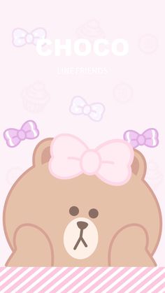 a brown teddy bear with a pink bow on its head and the words choco line friends above it