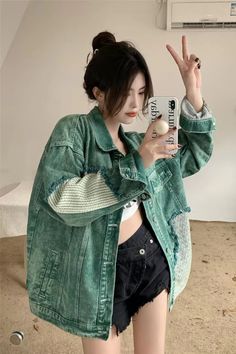 Vintage Green Paneled Denim Jacket Coats Jackets Women, Coats For Women, Denim Jacket, Coats Jackets, Green