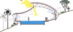 an architectural drawing of a bridge over a body of water with people standing on it