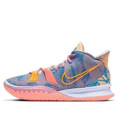 If you're looking for a sneaker that expresses your personality, the Nike Kyrie 7 Preheat 'Expressions' is the perfect shoe for you. The multicolor design on the upper resembles brushstrokes, while the tongue is finished in a neutral tan hue that mimics a black canvas. On the heel overlay, a Basquiat-like crown sits atop 'HF' embroidery, short for 'Happy Family.' The Kyrie 7 Preheat 'Expressions' is not only stylish but also comfortable, thanks to its open mesh upper and Nike Zoom Turbo cushioning. (SNKR/Unisex/Mid Top/Non-Slip/Basketball/Kyrie Irving/Wear-resistant) Nike Custom Mid-top Sneakers With Translucent Outsole, Nike Multicolor Mid-top Sneakers, Nike Multicolor High-top Sneakers With Rubber Sole, Nike Multicolor Basketball Shoes With Translucent Outsole, Multicolor High-top Sneakers With Air Max Cushioning, Modern Multicolor Sneakers With Boost Midsole, Multicolor Nike High-top Sneakers For Sports, Nike High-top Multicolor Sneakers For Sports, Multicolor High-top Basketball Shoes With Translucent Outsole