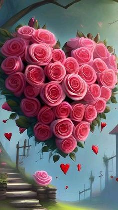 a heart - shaped arrangement of pink roses floating in the air with hearts flying around