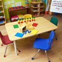 a child's table and chairs in a playroom