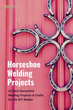 the cover of horse shoe welding projects, featuring horseshoes hanging on a pink door