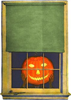 an orange pumpkin sitting behind a window with a green blind on it's side