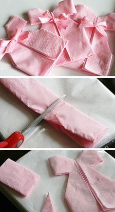 the process to make a bow out of pink fabric