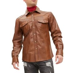 Men's Leather Shirt 100%Genuine Lambskin Shirt Jacket Biker Tan Brown Fathersday Leather Long Sleeve Shirt For Fall, Fall Long Sleeve Leather Shirt, Business Biker Jacket With Snap Buttons And Long Sleeves, Business Biker Jacket With Snap Buttons, Classic Long Sleeve Leather Tops, Classic Collared Leather Shirt, Casual Leather Shirt For Fall, Designer Business Shirt For Fall, Brown Leather Long Sleeve Top