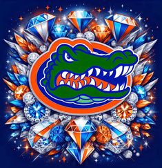 the university of florida gators logo surrounded by jewels and crystals on a blue background