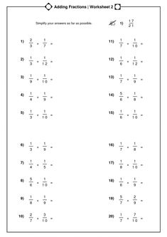 adding fractions worksheet with numbers to 10 and 11 on the same page