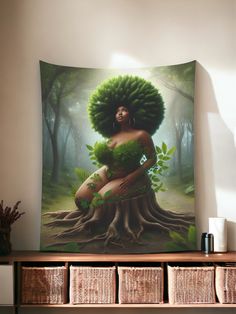 a painting of a woman with green hair sitting on a tree stump in the forest