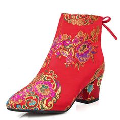 Women's Silk Chunky Heel Pointed Toe Flower Embroidery Ankle Wedding Bootie - "Heel-2.36""" - CG12MAKL5N9 - Women's Shoes, Boots, Ankle & Bootie  #AnkleBootie #Women's #Shoes # #Boots # #Ankle #& #Bootie Elegant Spring Wedding Boots, Red Wedding Shoes For Spring, Spring Wedding Boots With Pointed Toe, Embroidered Closed Toe Party Boots, Elegant Wedding Booties With Round Toe, Red Spring Wedding Shoes, Spring Red Wedding Shoes, Fitted Wedding Boots For Spring, Spring Embroidered Wedding Shoes