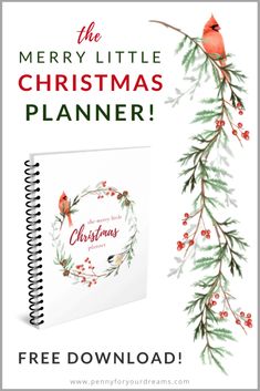 the merry little christmas planner is shown with an image of a bird and holly wreath