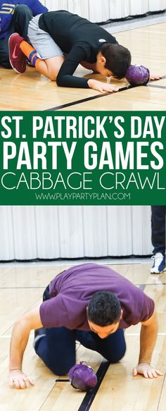 two people on the floor with text overlay that reads st patrick's day party games cabbage crawl