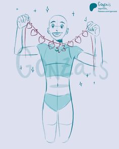 a drawing of a man wearing a blue bodysuit with hearts hanging from his chest