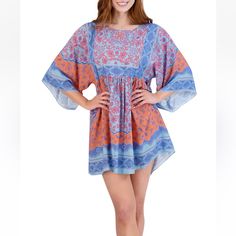 Billowy Kimono Sleeves And An All-Over Mix Of Prints Collide On This Babydoll Dress From Robbie Bee. *Size Medium *New With Tags *Pullover *Round Neck *3/4 Kimono Sleeves *Lined *Imported *Product Specifications *36" L *Material & Care *Rayon *Machine Washable Pink Breezy Beach Cover-up Dress, Flowy Mini Boho Dress With Print, Breezy Pink Dress For Beach Cover-up, Flowy Mini Length Boho Dress, Spring Blue Printed Beach Dress, Blue Printed Beach Dress For Spring, Blue Flowy Boho Dress With Short Sleeves, Blue Mini Beach Dress For Cover-up, Blue Mini Beach Dress For Beach Cover-up