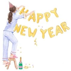 a drawing of a girl on a stool with the words happy new year in gold letters