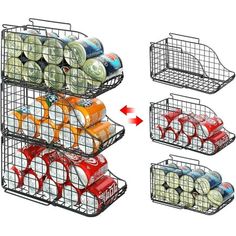 three metal baskets filled with cans and cans on top of each other next to each other