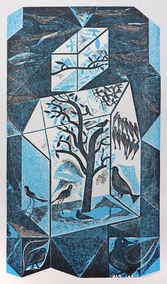 an image of a tree and birds in a glass box with blue paper on it