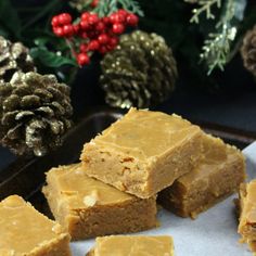 several pieces of peanut butter fudge cake on a tray next to pine cones and christmas decorations