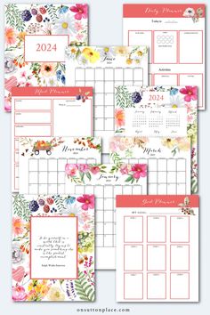 the printable floral planner is shown in four different colors and sizes, including pinks,