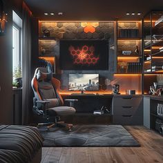 a room with a chair, desk and shelves