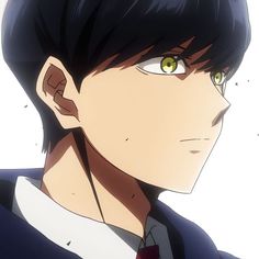 an anime character with black hair and green eyes looking at the camera while wearing a tie