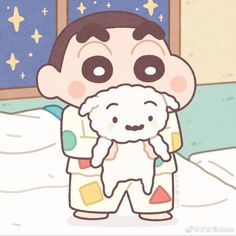 a cartoon character holding a stuffed animal in his arms while standing on a bed with stars