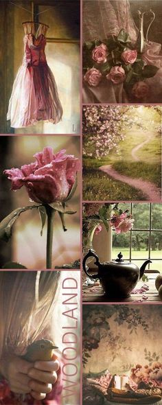 a collage of photos with pink flowers and teapots in the foreground