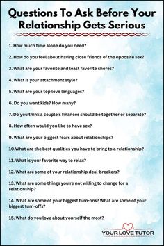 15 questions to ask before your relationship gets serious Questions To Know If You Are In Love, Questions To Ask A Man Before Dating, Pre Dating Questions, Beginning Relationship Questions, Questions For Potential Boyfriend, Love Questions Relationships, How To Get A Partner, Questions To Ask A New Partner, Tough Relationship Questions