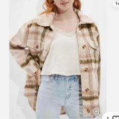 This Is A Heavy Shacket With A Fuzzy Texture. Very Cute And Warm! Very Oversized! American Eagle Jacket, American Eagle Hoodie, Plaid Shacket, Lined Denim Jacket, Distressed Jean Jacket, Crop Jean Jacket, Heavy Jacket, Soft Jacket, Distressed Denim Jacket