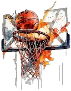 an artistic painting of a basketball going through the hoop