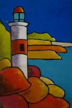 a painting of a lighthouse on the shore