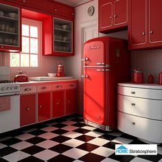 a red refrigerator sitting in the middle of a kitchen