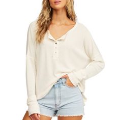 Billabong Any Day Thermal Shirt WOMEN - Clothing - Tops - Long Sleeved BILLABONG Teskeys Billabong Women, Thermal Top, Thermal Shirt, Thermal Long Sleeve, Knit Tees, Metal Buttons, Waffle Knit, Billabong, Long Tops