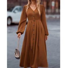 This Full And Flouncy Pleated Button Down Boho Style Beauty Will Easily Become A Staple Wardrobe Piece That Spans The Seasons Effortlessly. Bishop Sleeve Dress, A Line Long Dress, Birthday Dress Women, Long Dresses Elegant, Sukienki Plus Size, Middle Age Fashion, Lantern Sleeve Dress, Autumn Dress, High Fashion Street Style