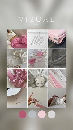 a collage of photos with pink and white accessories