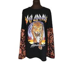 Def Leppard Graphic Upcycled T-Shirt with long bell sleeves. Trendy Graphic Print Long Sleeve Top For Fall, Trendy Long Sleeve Top With Graphic Print For Fall, Oversized Leopard Print Tops With Long Sleeves, Leggings And Heels, Long Bell Sleeves, Animal Graphic, Def Leppard, Coordinating Colors, Upcycle Clothes