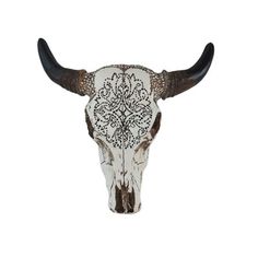 an animal skull with long horns and intricate designs on it's face, against a white background