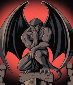 a demon sitting on top of a building with his hands to his face and head